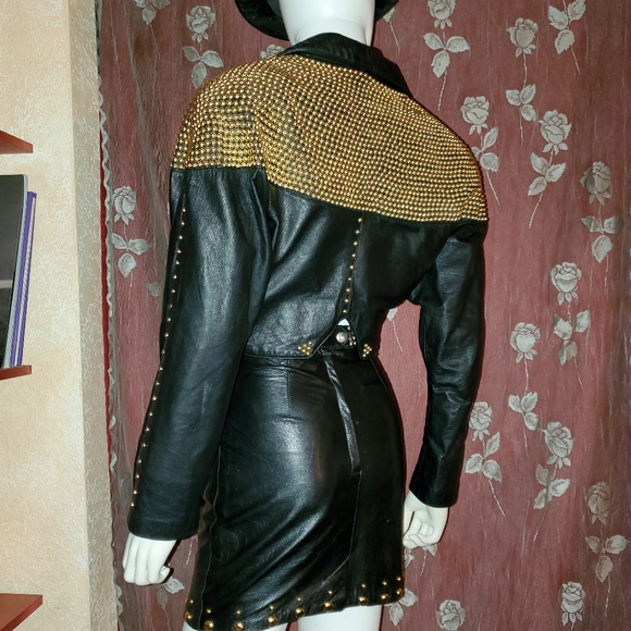 Black Leather w/ Gold Studs Skirt & Jacket Set - Picture 2 of 14